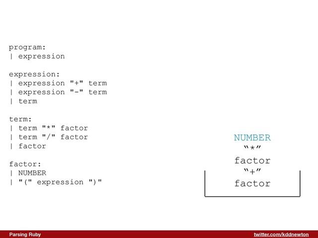 twitter.com/kddnewton
Parsing Ruby
NUMBER


“*”


factor


“+”


factor
program:


| expression


expression:


| expression "+" term


| expression "-" term


| term


term:


| term "*" factor


| term "/" factor


| factor


factor:


| NUMBER


| "(" expression ")"


