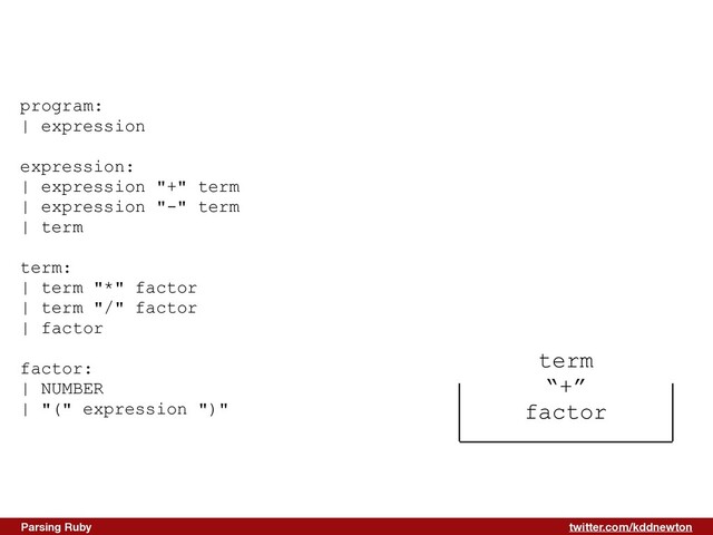 twitter.com/kddnewton
Parsing Ruby
term


“+”


factor
program:


| expression


expression:


| expression "+" term


| expression "-" term


| term


term:


| term "*" factor


| term "/" factor


| factor


factor:


| NUMBER


| "(" expression ")"


