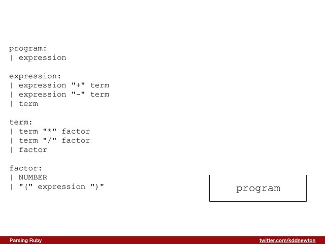 twitter.com/kddnewton
Parsing Ruby
program
program:


| expression


expression:


| expression "+" term


| expression "-" term


| term


term:


| term "*" factor


| term "/" factor


| factor


factor:


| NUMBER


| "(" expression ")"



