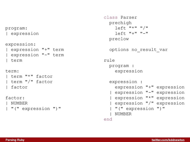 twitter.com/kddnewton
Parsing Ruby
program:


| expression


expression:


| expression "+" term


| expression "-" term


| term


term:


| term "*" factor


| term "/" factor


| factor


factor:


| NUMBER


| "(" expression ")"


class Parser


prechigh


left "*" "/"


left "+" "-"


preclow


options no_result_var


rule


program :


expression


expression :


expression "+" expression


| expression "-" expression


| expression "*" expression


| expression "/" expression


| "(" expression ")"


| NUMBER


end


