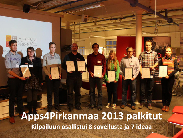 Kilpailuja
Apps4Pirkanmaa 2013 palkitut
Kilpailuun osallistui 8 sovellusta ja 7 ideaa
