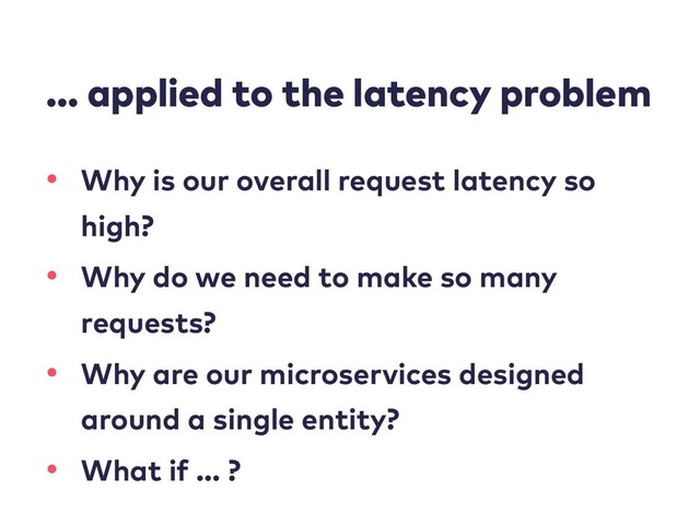 … applied to the latency problem
• Why is our overall request latency so
high?
• Why do we need to make so many
requests?
• Why are our microservices designed
around a single entity?
• What if … ?
