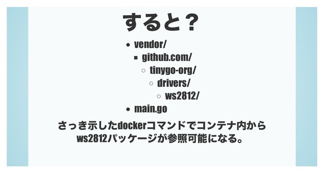 ͢Δͱʁ
vendor/
github.com/
tinygo-org/
drivers/
ws2812/
main.go
͖ͬࣔͨ͞͠dockerίϚϯυͰίϯςφ಺͔Β
ws2812ύοέʔδ͕ࢀরՄೳʹͳΔɻ
