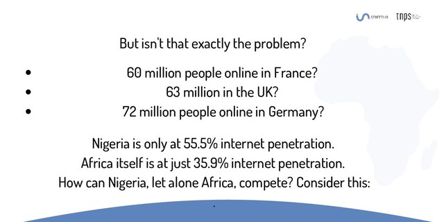 But isn't that exactly the problem?
60 million people online in France?
63 million in the UK?
72 million people online in Germany?
Nigeria is only at 55.5% internet penetration.
Africa itself is at just 35.9% internet penetration.
How can Nigeria, let alone Africa, compete? Consider this:
.
