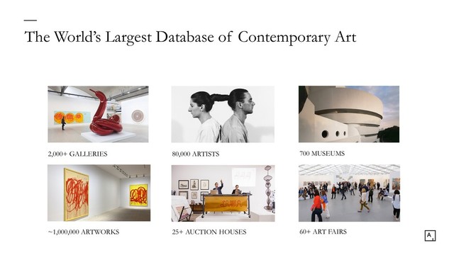 The World’s Largest Database of Contemporary Art
2,000+ GALLERIES
~1,000,000 ARTWORKS 25+ AUCTION HOUSES
80,000 ARTISTS 700 MUSEUMS
60+ ART FAIRS
—
