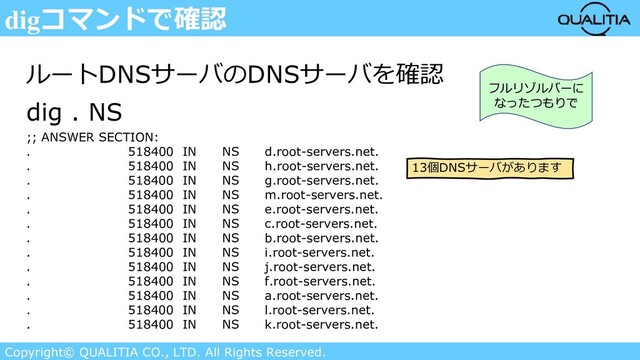 Copyright© QUALITIA CO., LTD. All Rights Reserved.
digコマンドで確認
ルートDNSサーバのDNSサーバを確認
dig . NS
;; ANSWER SECTION:
. 518400 IN NS d.root-servers.net.
. 518400 IN NS h.root-servers.net.
. 518400 IN NS g.root-servers.net.
. 518400 IN NS m.root-servers.net.
. 518400 IN NS e.root-servers.net.
. 518400 IN NS c.root-servers.net.
. 518400 IN NS b.root-servers.net.
. 518400 IN NS i.root-servers.net.
. 518400 IN NS j.root-servers.net.
. 518400 IN NS f.root-servers.net.
. 518400 IN NS a.root-servers.net.
. 518400 IN NS l.root-servers.net.
. 518400 IN NS k.root-servers.net.
13個DNSサーバがあります
フルリゾルバーに
なったつもりで
