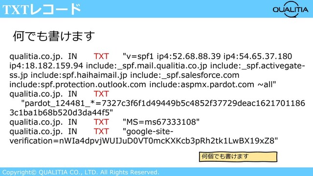 Copyright© QUALITIA CO., LTD. All Rights Reserved.
TXTレコード
何でも書けます
qualitia.co.jp. IN TXT "v=spf1 ip4:52.68.88.39 ip4:54.65.37.180
ip4:18.182.159.94 include:_spf.mail.qualitia.co.jp include:_spf.activegate-
ss.jp include:spf.haihaimail.jp include:_spf.salesforce.com
include:spf.protection.outlook.com include:aspmx.pardot.com ~all"
qualitia.co.jp. IN TXT
"pardot_124481_*=7327c3f6f1d49449b5c4852f37729deac1621701186
3c1ba1b68b520d3da44f5"
qualitia.co.jp. IN TXT "MS=ms67333108"
qualitia.co.jp. IN TXT "google-site-
verification=nWIa4dpvjWUIJuD0VT0mcKXKcb3pRh2tk1LwBX19xZ8"
何個でも書けます
