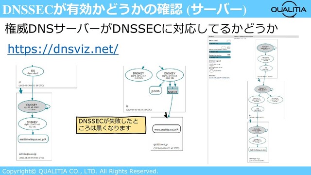 Copyright© QUALITIA CO., LTD. All Rights Reserved.
DNSSECが有効かどうかの確認 (サーバー)
https://dnsviz.net/
権威DNSサーバーがDNSSECに対応してるかどうか
DNSSECが失敗したと
ころは黒くなります
