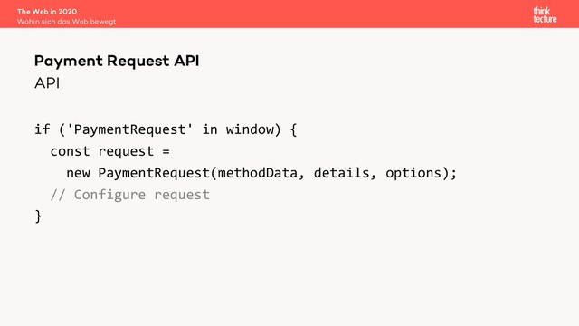 API
if ('PaymentRequest' in window) {
const request =
new PaymentRequest(methodData, details, options);
// Configure request
}
The Web in 2020
Wohin sich das Web bewegt
Payment Request API
