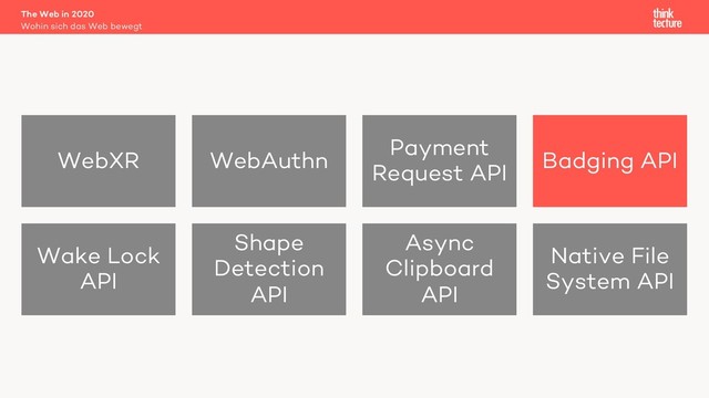 The Web in 2020
Wohin sich das Web bewegt
WebXR WebAuthn
Payment
Request API
Badging API
Wake Lock
API
Shape
Detection
API
Async
Clipboard
API
Native File
System API
