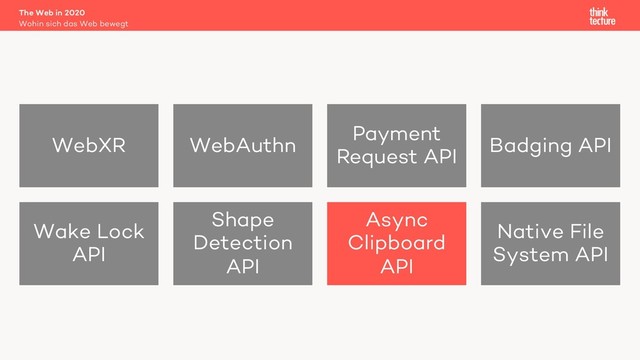 The Web in 2020
Wohin sich das Web bewegt
WebXR WebAuthn
Payment
Request API
Badging API
Wake Lock
API
Shape
Detection
API
Async
Clipboard
API
Native File
System API
