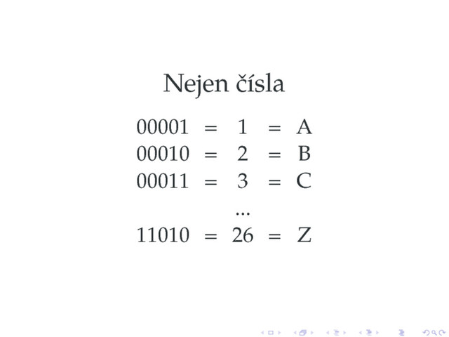 Nejen čísla
00001 = 1 = A
00010 = 2 = B
00011 = 3 = C
...
11010 = 26 = Z
