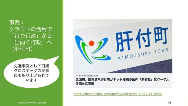 ࣄྫɿ
Ϋϥ΢υͷ׆༻Ͱ
ʮ଴ͭߦ੓ʯ͔Β
ʮग़޲͘ߦ੓ʯ΁
ʢ؊෇ொʣ
Sayoko Shimoyama, LinkData 2023/5/23 45
ઌਐࣄྫͱͯ͠೔ܦ
ΫϩεςοΫͷهࣄ
ʹ΋औΓ্͛ΒΕͯ
͍·͢
https://xtech.nikkei.com/atcl/nxt/column/18/00001/07099/
