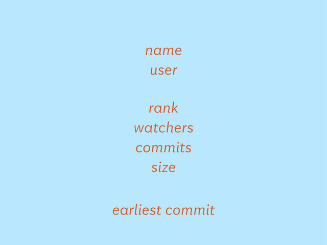 name
user
rank
watchers
commits
size
earliest commit
