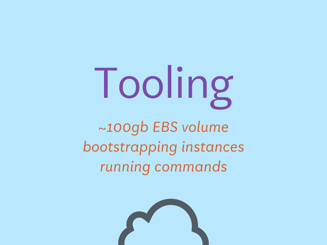 Tooling
~100gb EBS volume
bootstrapping instances
running commands
