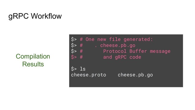 $> # One new file generated:
$> # . cheese.pb.go
$> # Protocol Buffer message
$> # and gRPC code
$> ls
cheese.proto cheese.pb.go
Compilation
Results
gRPC Workflow
