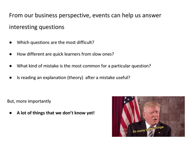 ● Which questions are the most difficult?
● How different are quick learners from slow ones?
● What kind of mistake is the most common for a particular question?
● Is reading an explanation (theory) after a mistake useful?
But, more importantly
● A lot of things that we don’t know yet!
From our business perspective, events can help us answer
interesting questions
