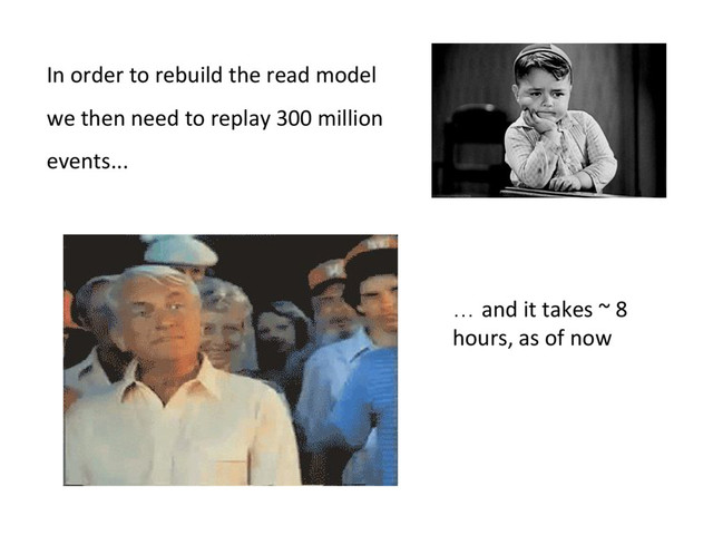 In order to rebuild the read model
we then need to replay 300 million
events...
… and it takes ~ 8
hours, as of now

