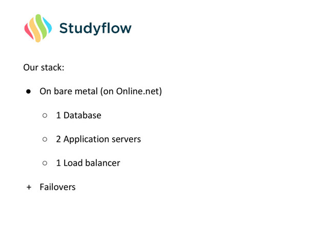 Our stack:
● On bare metal (on Online.net)
○ 1 Database
○ 2 Application servers
○ 1 Load balancer
+ Failovers
