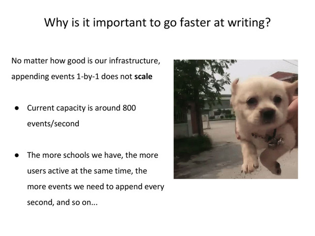Why is it important to go faster at writing?
No matter how good is our infrastructure,
appending events 1-by-1 does not scale
● Current capacity is around 800
events/second
● The more schools we have, the more
users active at the same time, the
more events we need to append every
second, and so on...
