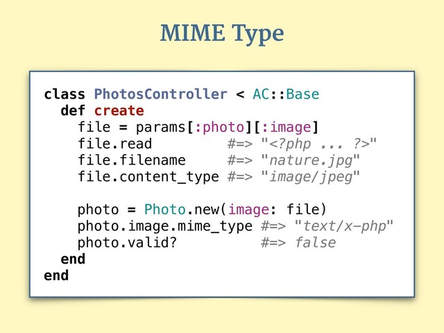 class PhotosController < AC::Base
def create
file = params[:photo][:image]
file.read #=> ""
file.filename #=> "nature.jpg"
file.content_type #=> "image/jpeg"
photo = Photo.new(image: file)
photo.image.mime_type #=> "text/x-php"
photo.valid? #=> false
end
end
MIME Type
