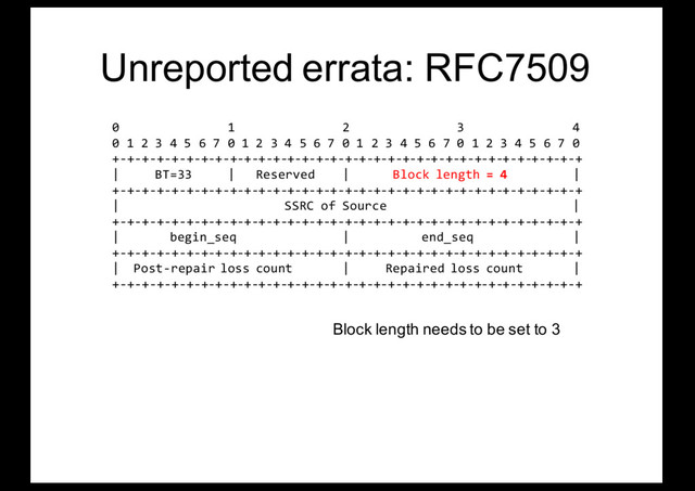 Unreported errata: RFC7509
0 1 2 3 4
0 1 2 3 4 5 6 7 0 1 2 3 4 5 6 7 0 1 2 3 4 5 6 7 0 1 2 3 4 5 6 7 0
+-+-+-+-+-+-+-+-+-+-+-+-+-+-+-+-+-+-+-+-+-+-+-+-+-+-+-+-+-+-+-+-+
| BT=33 | Reserved | Block length = 4 |
+-+-+-+-+-+-+-+-+-+-+-+-+-+-+-+-+-+-+-+-+-+-+-+-+-+-+-+-+-+-+-+-+
| SSRC of Source |
+-+-+-+-+-+-+-+-+-+-+-+-+-+-+-+-+-+-+-+-+-+-+-+-+-+-+-+-+-+-+-+-+
| begin_seq | end_seq |
+-+-+-+-+-+-+-+-+-+-+-+-+-+-+-+-+-+-+-+-+-+-+-+-+-+-+-+-+-+-+-+-+
| Post-repair loss count | Repaired loss count |
+-+-+-+-+-+-+-+-+-+-+-+-+-+-+-+-+-+-+-+-+-+-+-+-+-+-+-+-+-+-+-+-+
Block length needs to be set to 3
