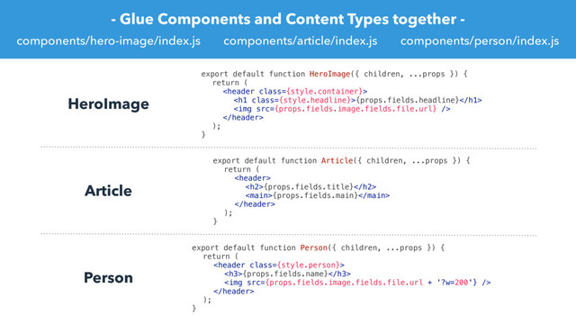 - Glue Components and Content Types together -
components/hero-image/index.js components/article/index.js components/person/index.js
export default function HeroImage({ children, ...props }) {
return (

<h1 class="{style.headline}">{props.fields.headline}</h1>
<img src="{props.fields.image.fields.file.url}">

);
}
export default function Article({ children, ...props }) {
return (

<h2>{props.fields.title}</h2>
{props.fields.main}

);
}
export default function Person({ children, ...props }) {
return (

<h3>{props.fields.name}</h3>
<img src="{props.fields.image.fields.file.url">

);
}
HeroImage
Article
Person
