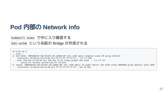 Pod 内部の Network info
kubectl exec で中に入り確認する
k6t-eth0 という名前の Bridge が作成される
sh-5.0# ip a
...snip...
4: k6t-eth0:  mtu 1450 qdisc noqueue state UP group default
link/ether b6:9d:5c:cd:f6:84 brd ff:ff:ff:ff:ff:ff ← フェイク MAC
inet 169.254.75.10/32 brd 169.254.75.10 scope global k6t-eth0 ← フェイク IP
valid_lft forever preferred_lft forever
5: vnet0:  mtu 1450 qdisc fq_codel master k6t-eth0 state UNKNOWN group default qlen 1000
link/ether fe:9d:5c:92:cd:3d brd ff:ff:ff:ff:ff:ff ← vmi の MAC
37

