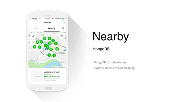 Nearby
MongoDB
- MongoDB: 2dsphere index
- Elasticsearch: GeoPoint mapping

