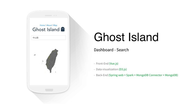 Ghost Island
Dashboard - Search
- Front-End (Vue.js)
- Data visualization (D3.js)
- Back-End (Spring web + Spark + MongoDB Connector + MongoDB)
