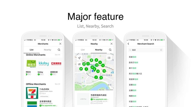 Major feature
List, Nearby, Search
