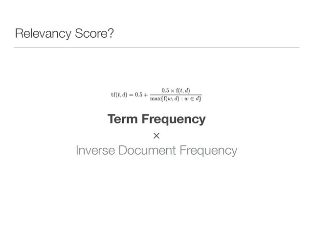 Relevancy Score?
Term Frequency 
× 
Inverse Document Frequency
