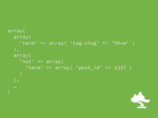 array( 
array( 
'term' => array( 'tag.slug' => 'hhvm' ) 
), 
array( 
'not' => array( 
'term' => array( 'post_id' => 1337 ) 
) 
), 
… 
)
