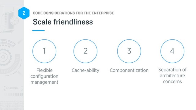 CODE CONSIDERATIONS FOR THE ENTERPRISE
2
Scale friendliness
Separation of
architecture
concerns
Flexible
conﬁguration
management
Cache-ability Componentization
1 2 3 4
