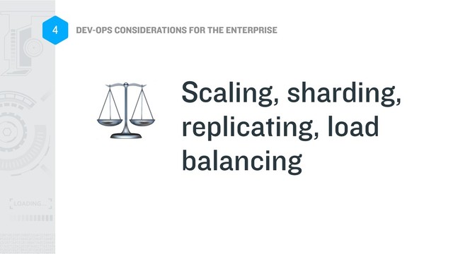 DEV-OPS CONSIDERATIONS FOR THE ENTERPRISE
4
Scaling, sharding,
replicating, load
balancing
⚖
