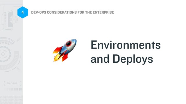 DEV-OPS CONSIDERATIONS FOR THE ENTERPRISE
4
Environments
and Deploys

