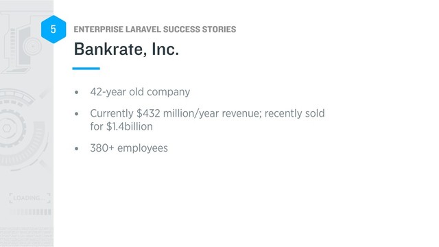 ENTERPRISE LARAVEL SUCCESS STORIES
5
• 42-year old company
• Currently $432 million/year revenue; recently sold
for $1.4billion
• 380+ employees
Bankrate, Inc.
