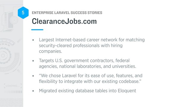 ENTERPRISE LARAVEL SUCCESS STORIES
5
• Largest Internet-based career network for matching
security-cleared professionals with hiring
companies.
• Targets U.S. government contractors, federal
agencies, national laboratories, and universities.
• “We chose Laravel for its ease of use, features, and
ﬂexibility to integrate with our existing codebase.”
• Migrated existing database tables into Eloquent
ClearanceJobs.com
