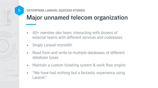 ENTERPRISE LARAVEL SUCCESS STORIES
5
• 40+ member dev team, interacting with dozens of
external teams with diﬀerent services and codebases
• Single Laravel monolith
• Read from and write to multiple databases of diﬀerent
database types
• Maintain a custom ticketing system & work ﬂow engine
• “We have had nothing but a fantastic experience using
Laravel.”
Major unnamed telecom organization

