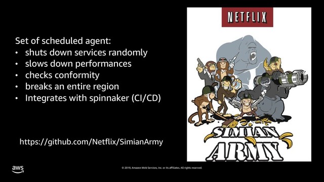 © 2019, Amazon Web Services, Inc. or its affiliates. All rights reserved.
https://github.com/Netflix/SimianArmy
Set of scheduled agent:
• shuts down services randomly
• slows down performances
• checks conformity
• breaks an entire region
• Integrates with spinnaker (CI/CD)
