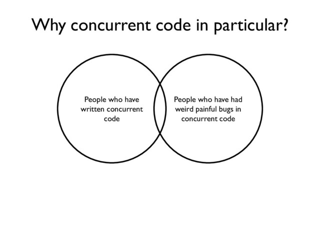 People who have
written concurrent
code
People who have had
weird painful bugs in
concurrent code
Why concurrent code in particular?
