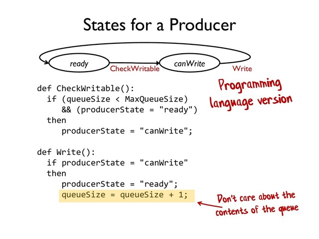 ready canWrite
CheckWritable Write
States for a Producer
def CheckWritable():
if (queueSize < MaxQueueSize)
&& (producerState = "ready")
then
producerState = "canWrite";
def Write():
if producerState = "canWrite"
then
producerState = "ready";
queueSize = queueSize + 1;
