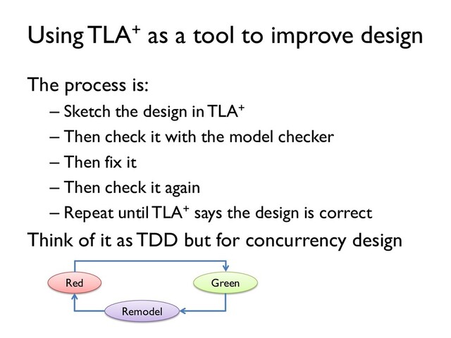 Using TLA+ as a tool to improve design
The process is:
– Sketch the design in TLA+
– Then check it with the model checker
– Then fix it
– Then check it again
– Repeat until TLA+ says the design is correct
Think of it as TDD but for concurrency design
Red Green
Remodel
