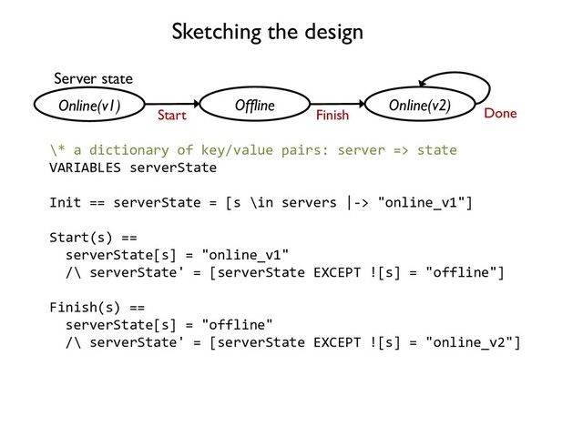 Online(v1) Offline
Start
Sketching the design
\* a dictionary of key/value pairs: server => state
VARIABLES serverState
Init == serverState = [s \in servers |-> "online_v1"]
Start(s) ==
serverState[s] = "online_v1"
/\ serverState' = [serverState EXCEPT ![s] = "offline"]
Finish(s) ==
serverState[s] = "offline"
/\ serverState' = [serverState EXCEPT ![s] = "online_v2"]
Online(v2)
Finish Done
Server state
