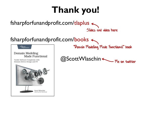 Slides and video here
fsharpforfunandprofit.com/tlaplus
Thank you!
"Domain Modeling Made Functional" book
fsharpforfunandprofit.com/books
@ScottWlaschin
Me on twitter
