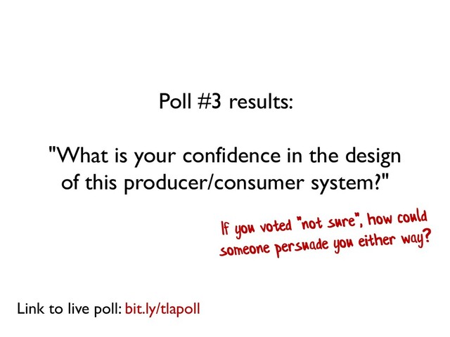 Poll #3 results:
"What is your confidence in the design
of this producer/consumer system?"
Link to live poll: bit.ly/tlapoll
