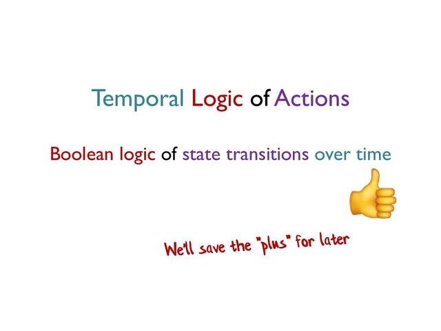 Temporal Logic of Actions
Boolean logic of state transitions over time
