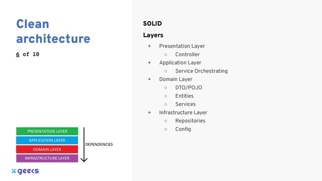 Clean
architecture
6 of 10
SOLID
Layers
+ Presentation Layer
○ Controller
+ Application Layer
○ Service Orchestrating
+ Domain Layer
○ DTO/POJO
○ Entities
○ Services
+ Infrastructure Layer
○ Repositories
○ Conﬁg
