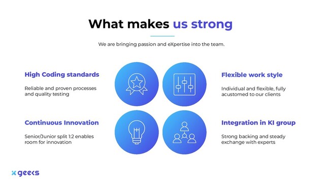 What makes us strong
We are bringing passion and eXpertise into the team.
High Coding standards
Reliable and proven processes
and quality testing
Continuous Innovation
Senior/Junior split 1:2 enables
room for innovation
Integration in KI group
Strong backing and steady
exchange with experts
Flexible work style
Individual and ﬂexible, fully
acustomed to our clients
