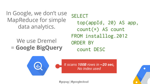 #gcpug | #googlecloud
In Google, we don’t use
MapReduce for simple
data analytics.
We use Dremel
= Google BigQuery
SELECT
top(appId, 20) AS app,
count(*) AS count
FROM installlog.2012
ORDER BY
count DESC
It scans 100B rows in ~20 sec,
No index used

